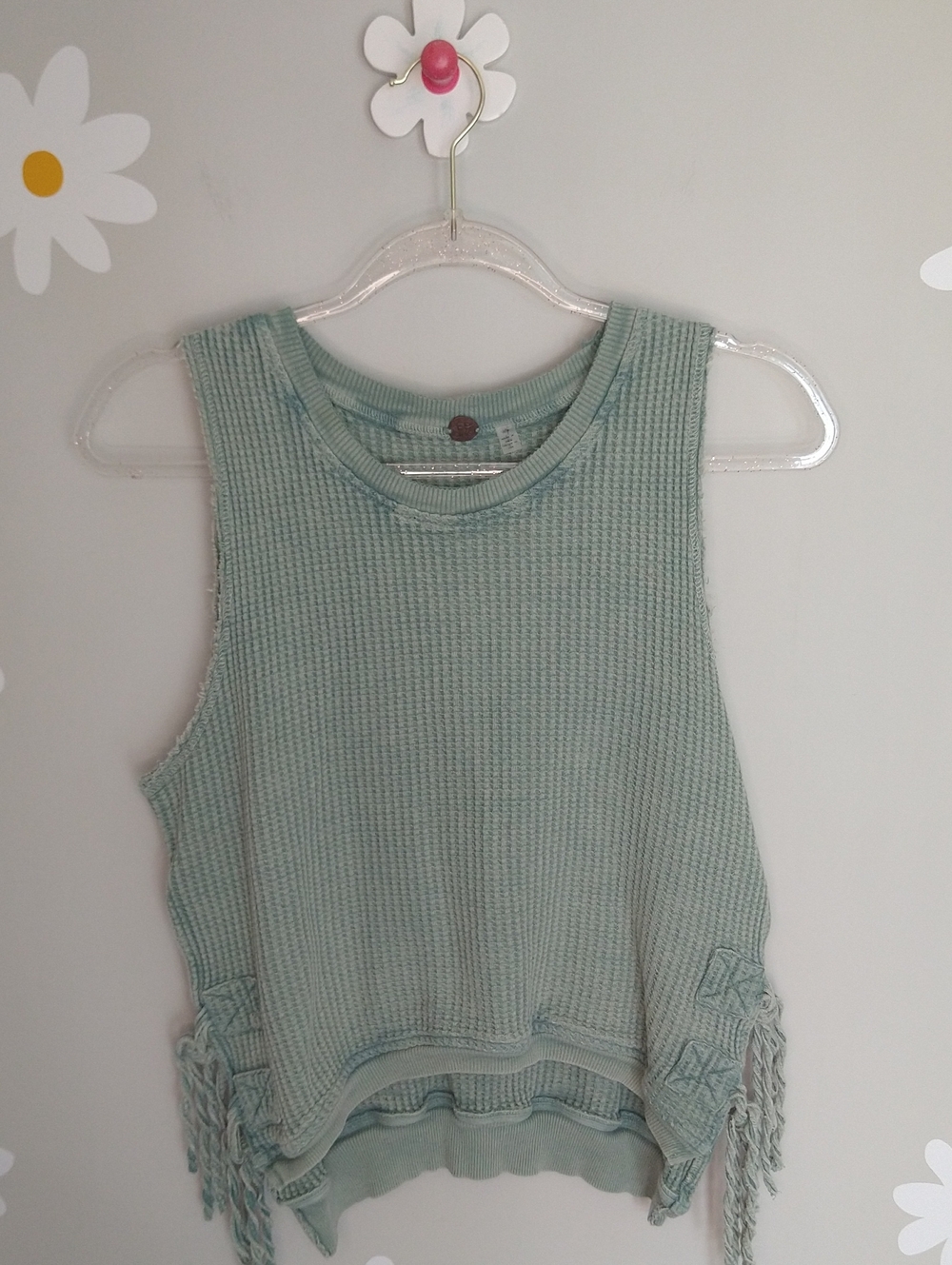 Free People Acid Wash Green Waffle Knit Cutoff Sleeveless Side-Tie Crew Neck Top